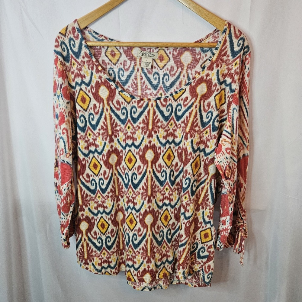 LUCKY BRAND MULTI COLOR TRIBAL AZTEC Sz XL BOHO Shirt 3/4 Sleeve Cuff Side Tie